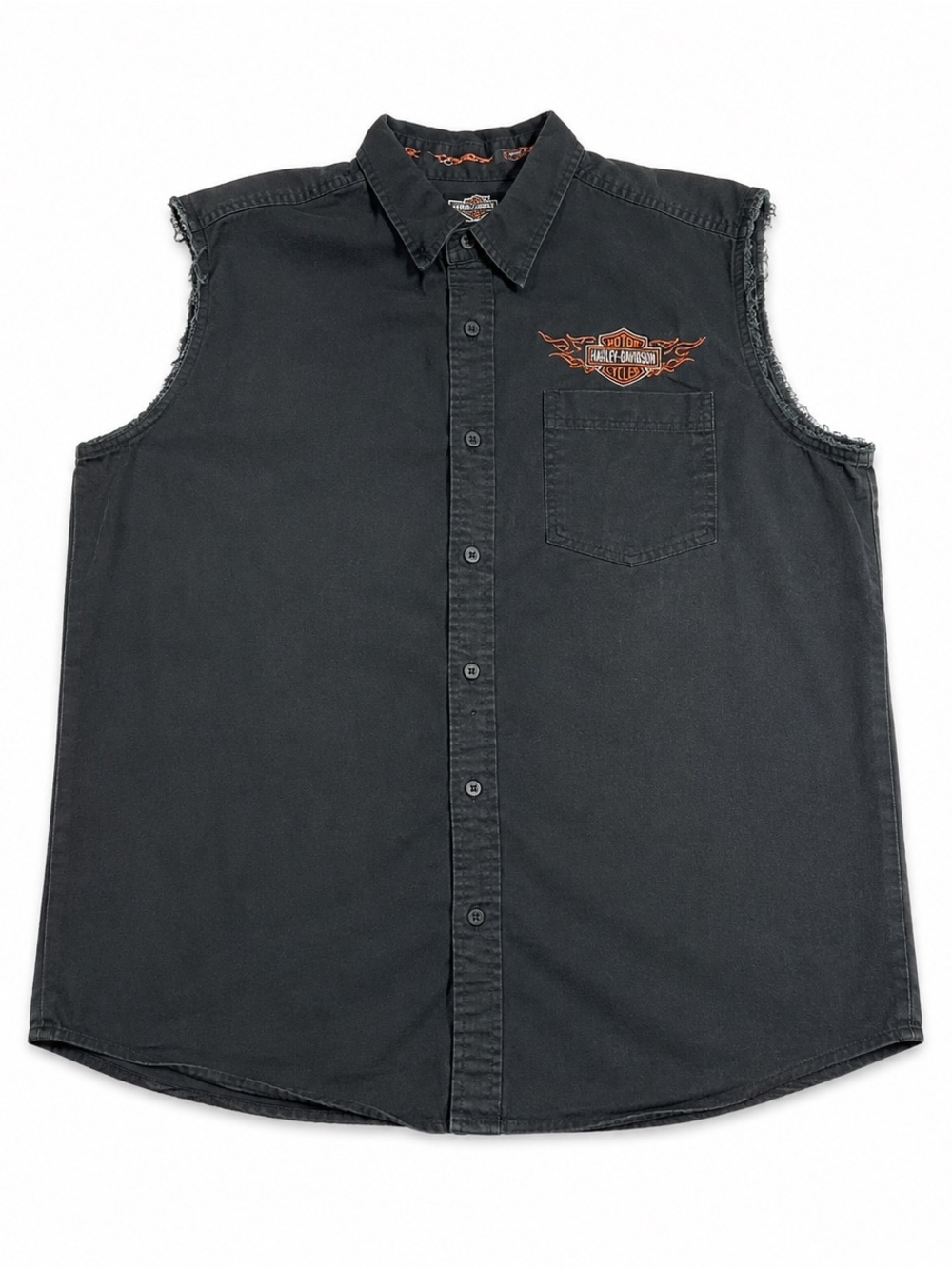 Harley Davidson Sleeveless Button Shirt 2XL Black Biker Cutoff Logo Embroidered